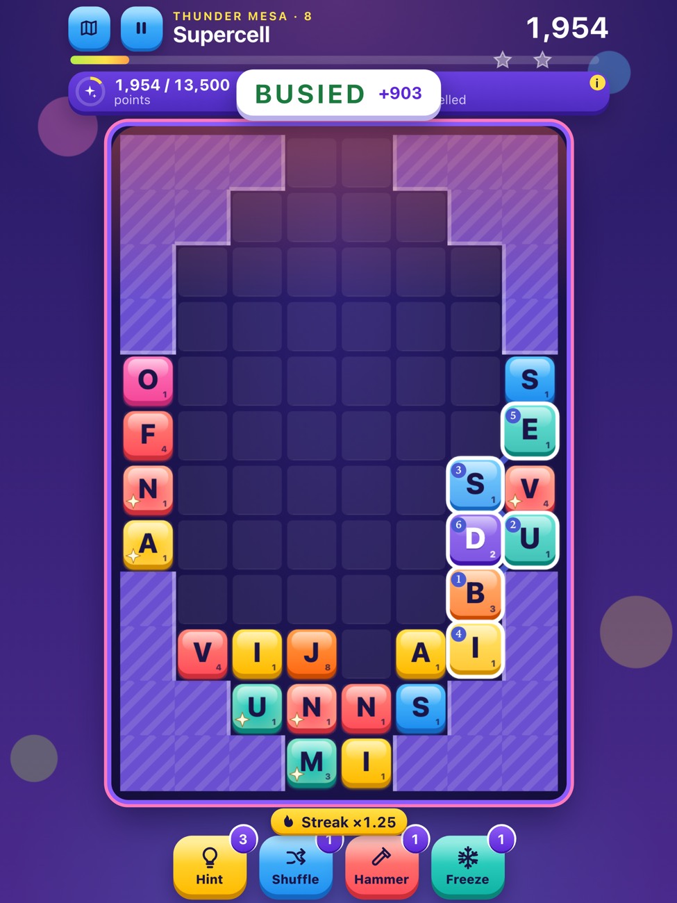 Letter Landslide on iPad: a shaped board in Thunder Mesa