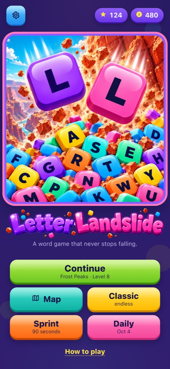 Letter Landslide title screen with Continue, Map, Classic, Sprint and Daily buttons