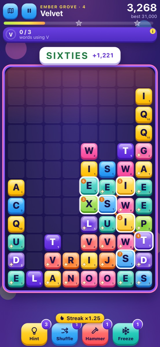 A level in Ember Grove with letter tiles falling into a well